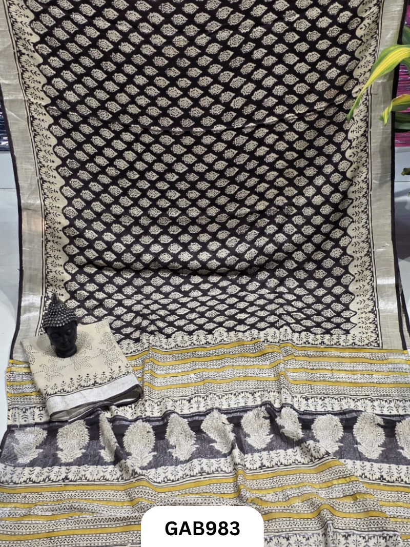 Bagru Handblock Print Linen Saree With Attached Blouse