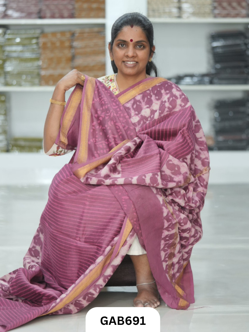 Hand Block Printed Maheshwari Silk Saree