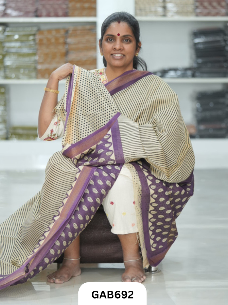 Hand Block Printed Maheshwari Silk Saree