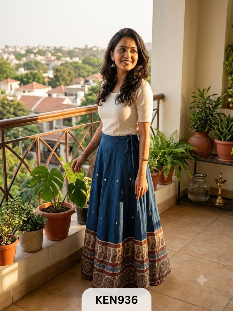MASHRU NATURAL PLAIN &PRINTED KALI SKIRT WITH MIRROR WORK