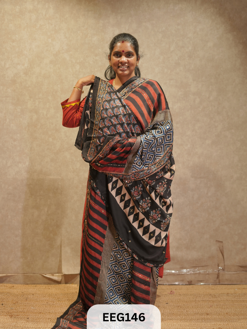 AJRAKH MODAL SAREE WITH KHATLI HANDWORK