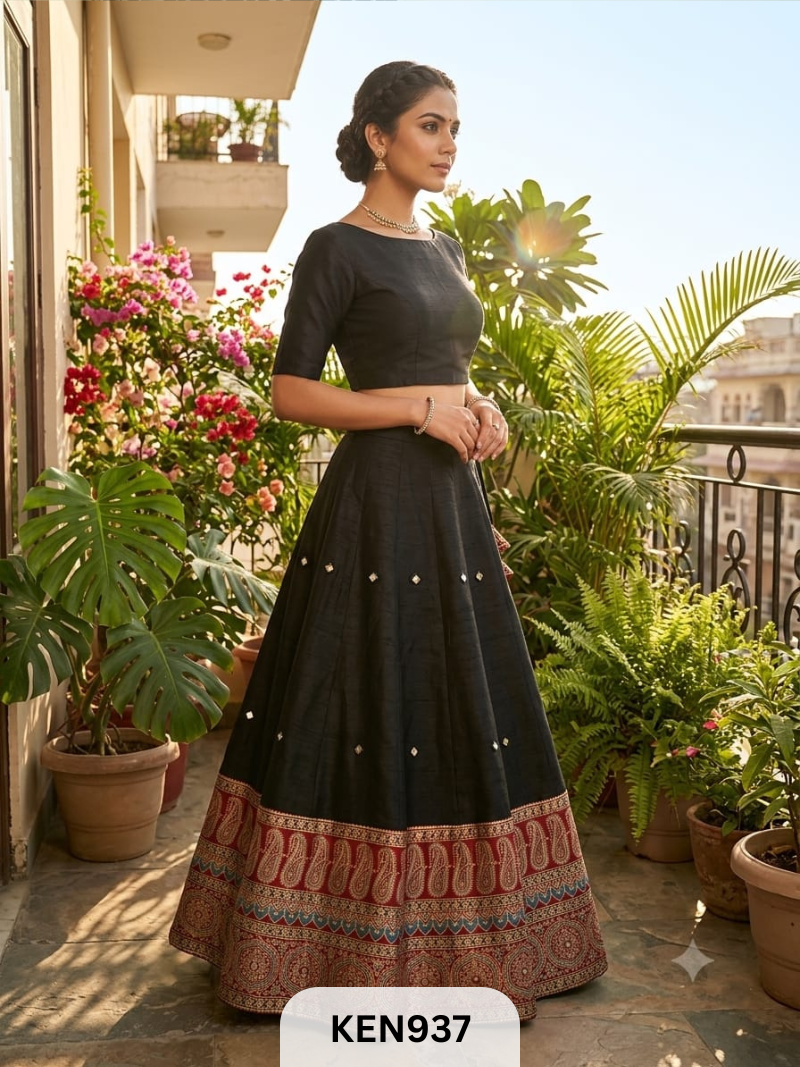 MASHRU NATURAL PLAIN &PRINTED KALI SKIRT WITH MIRROR WORK