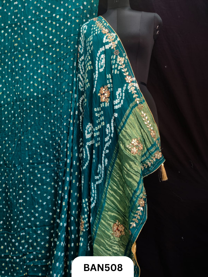 Semi gaji silk tissue pallu dani bandhej saree with khatli handwork
