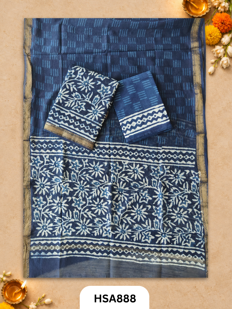 HandBlock Printed Maheshwari Silk Zari Border Top & dupttas 2.5 Mtrs | Bottom cotton 2.50 mtrs