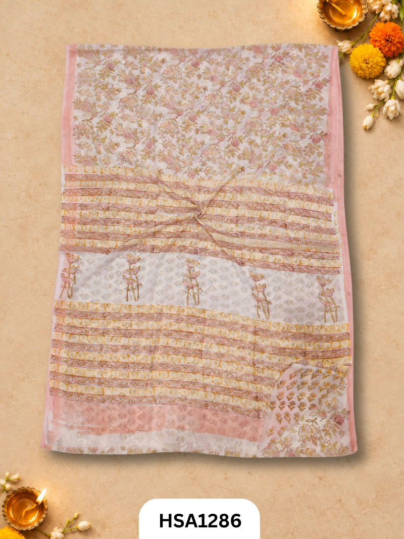 Hand block printed Hand tye-dye Lahriya Saree