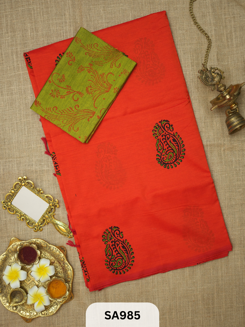 SILK COTTON EMBROIDERY HANDBLOCK SAREE