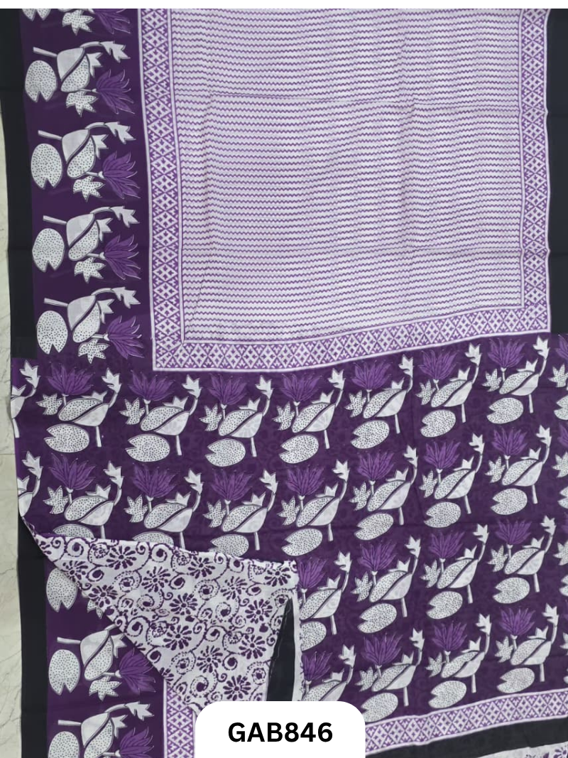 Bagru Block Print Cotton Mulmul Sarees With Running Blouse