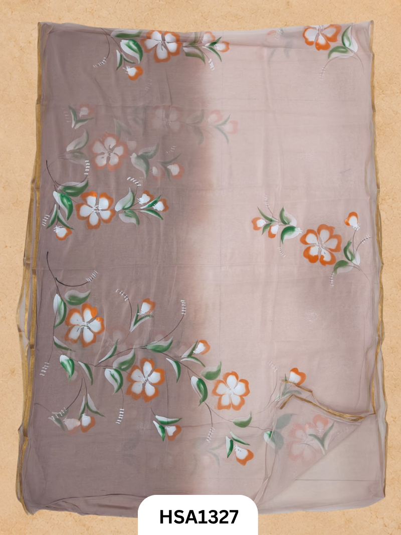 Chiffon Zari Border Saree - Hand Brush Painted