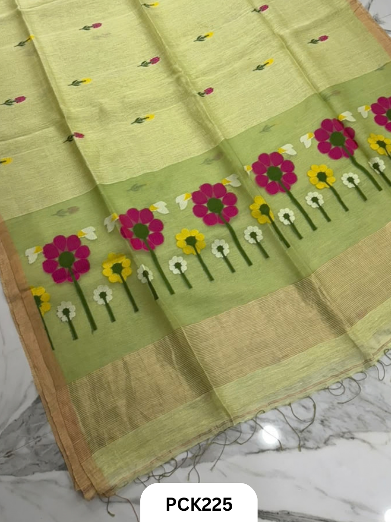 Pure Handloom Linen Silk Saree with Jamdani Weave