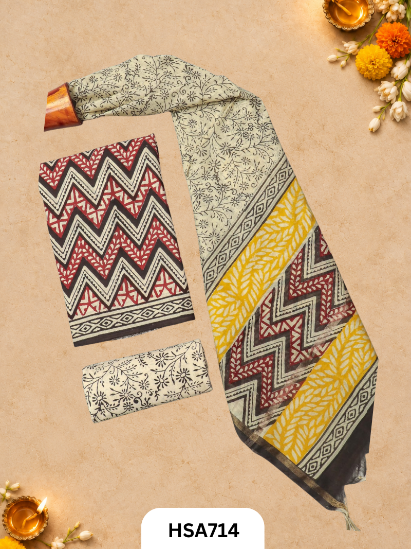 HandBlock Printed Chanderi Silk Dupatta With Cotton Suits -Top 2.5M Duptta 2.5M