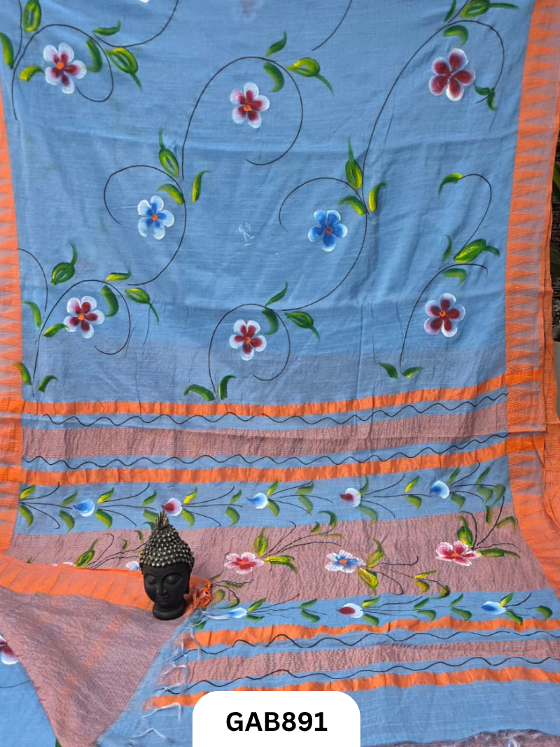 Temple Zari Border Hand Block Printed Katan Cotton Silk Saree With Running Blouse