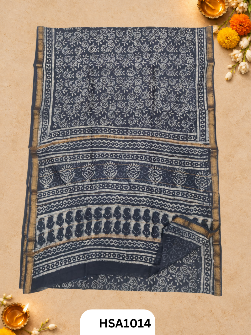 Pure Maheswari Silk Cotton - Handblock Print Saree With Blouse