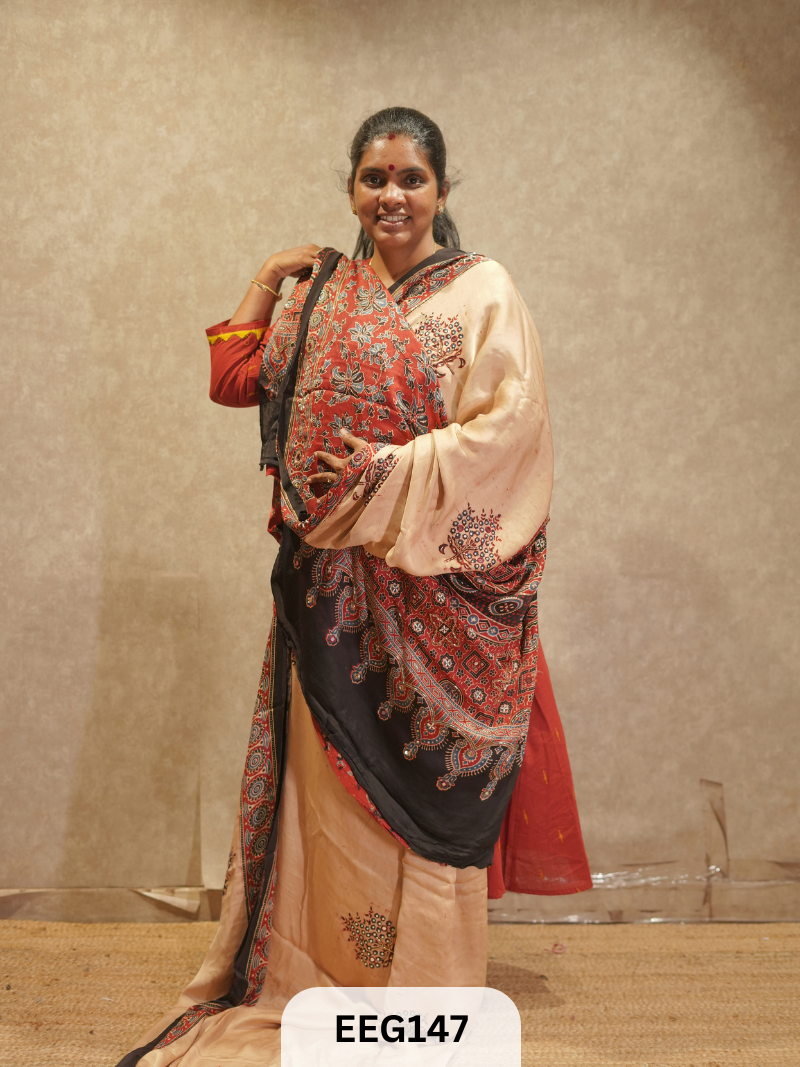 AJRAKH MODAL SAREE WITH KHATLI HANDWORK