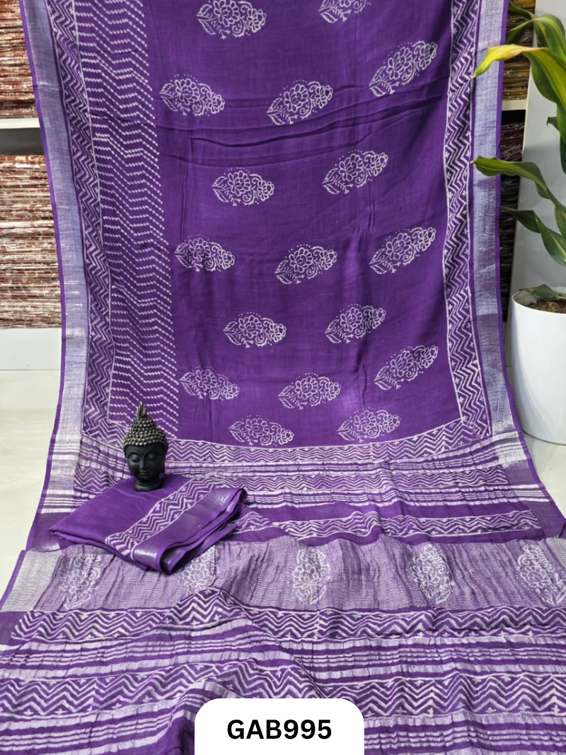 Bagru Handblock Print Linen Saree With Attached Blouse