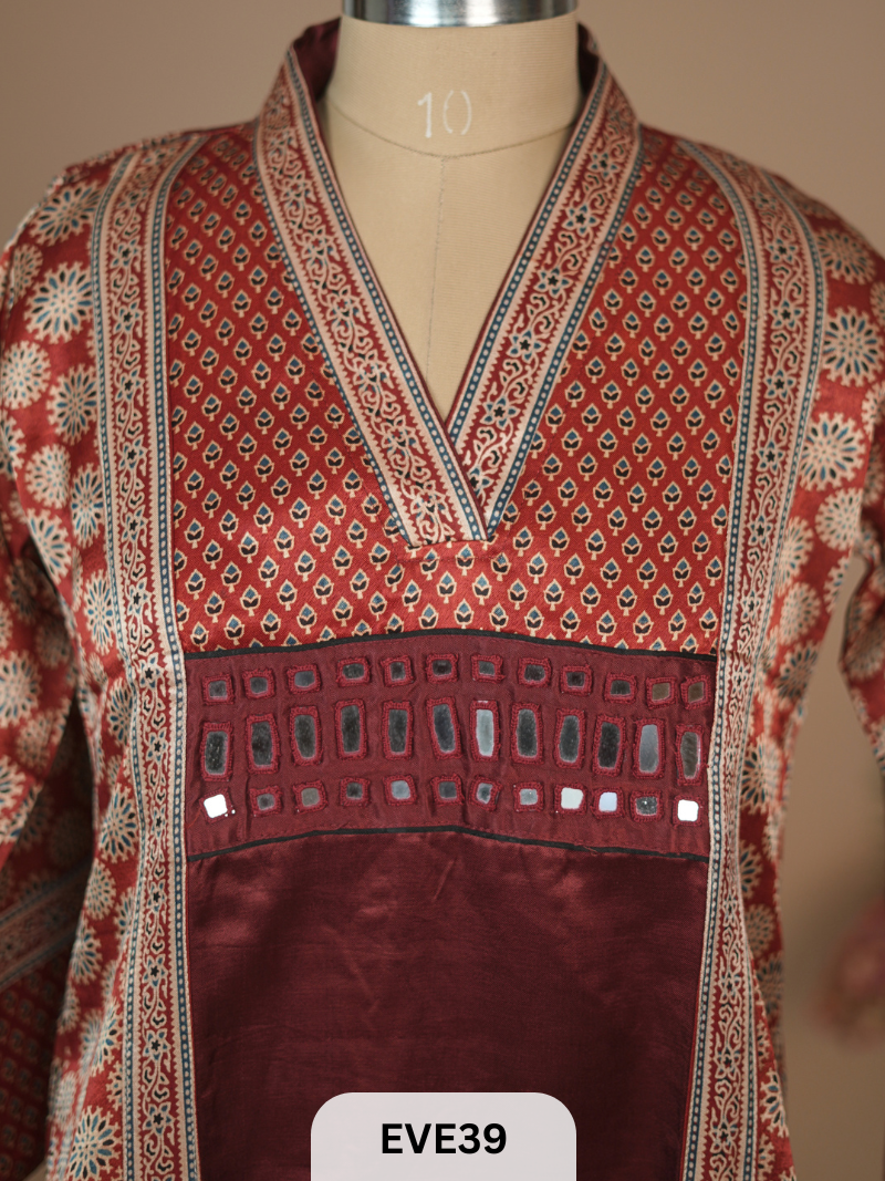 MASHRU SILK AJRAKH HAND MIRROR WORK