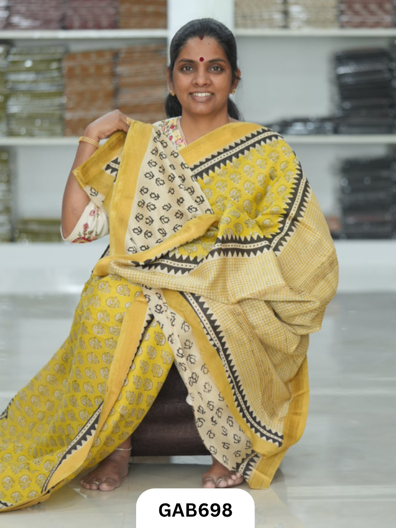 Hand Block Printed Maheshwari Silk Saree