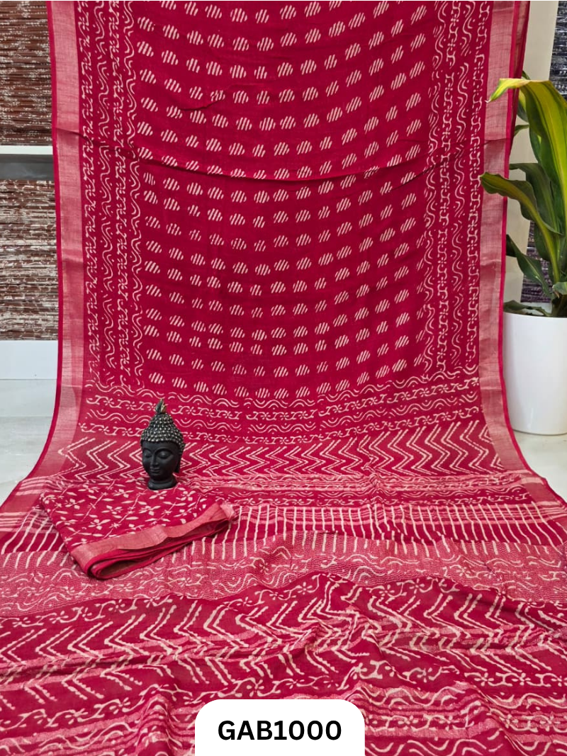 Bagru Handblock Print Linen Saree With Attached Blouse