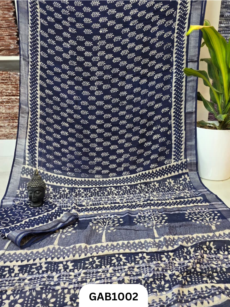Bagru Handblock Print Linen Saree With Attached Blouse