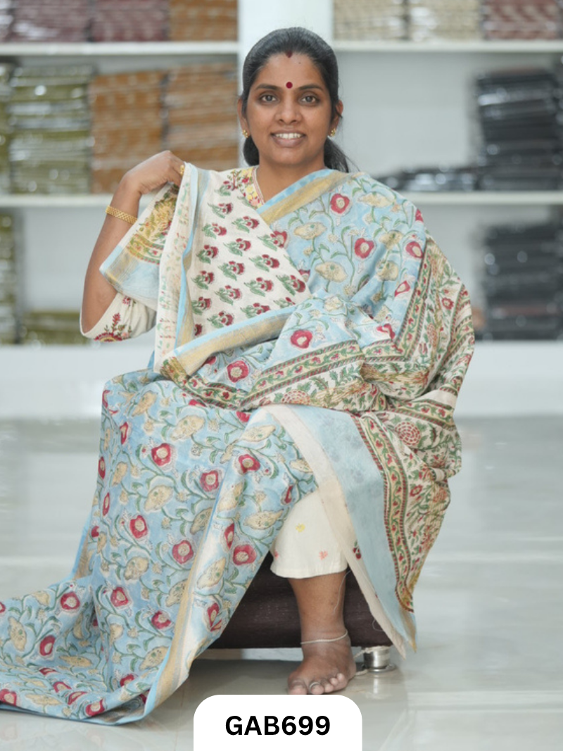 Hand Block Printed Maheshwari Silk Saree