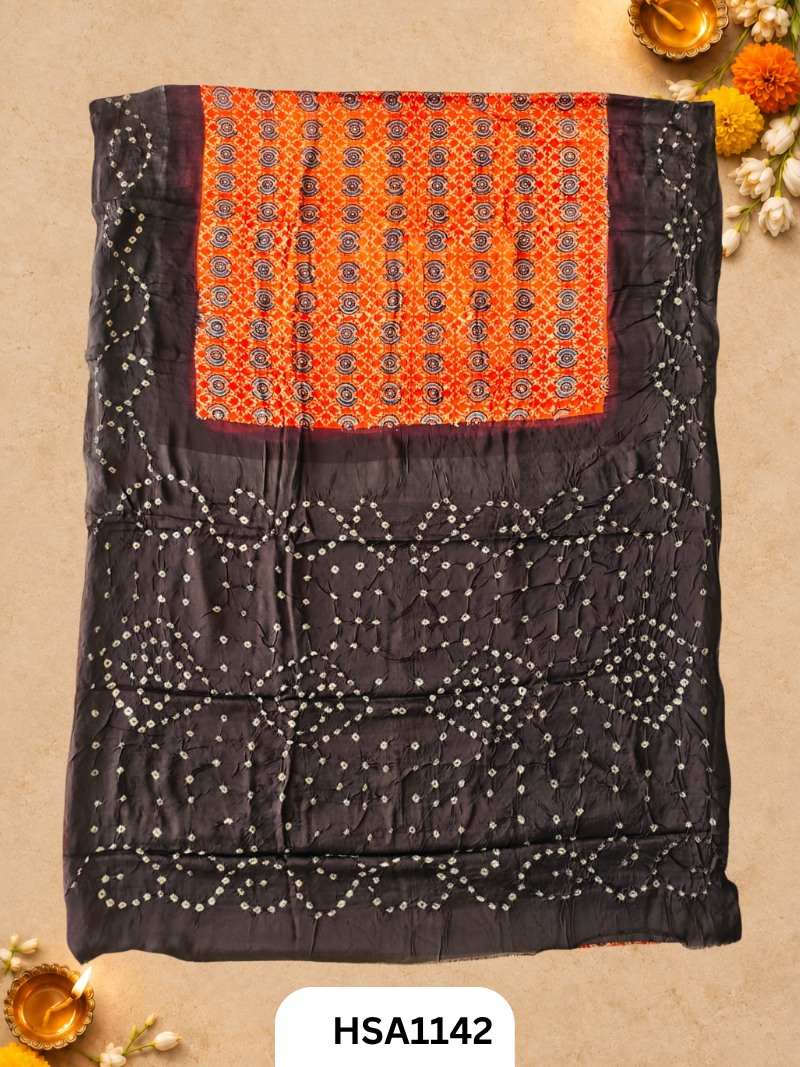 Ajarkh Bandej Modal silk saree with blouse