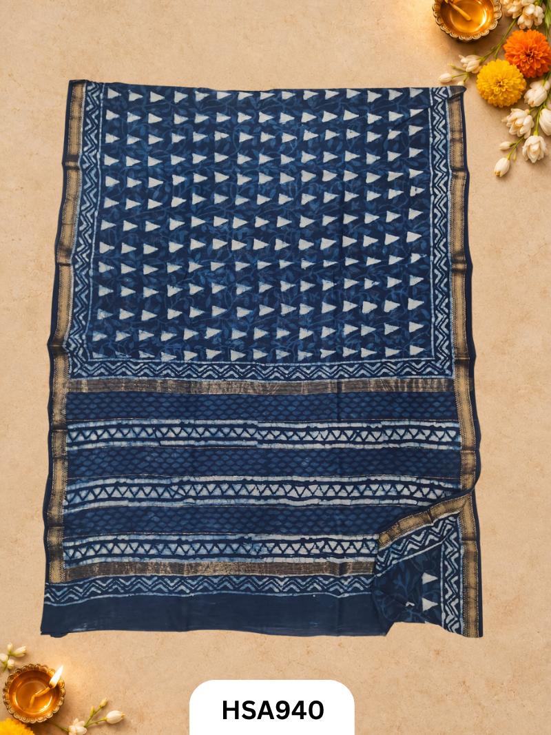 Pure Maheswari Silk Cotton - Handblock Print Saree With Blouse