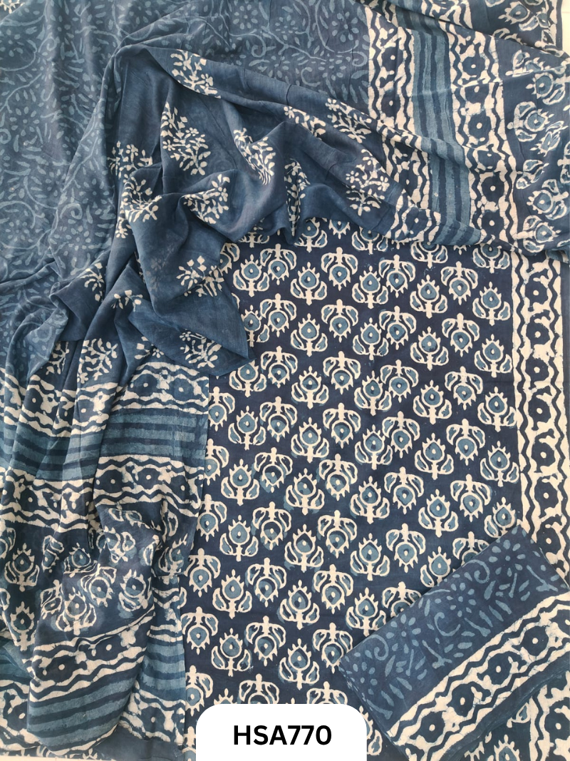 Exclusive Indigo Handblock Print Salwar Suit 3pcs