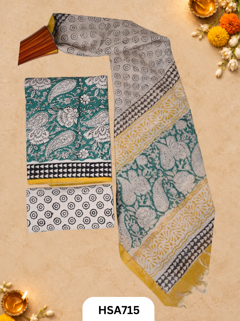 HandBlock Printed Chanderi Silk Dupatta With Cotton Suits -Top 2.5M Duptta 2.5M