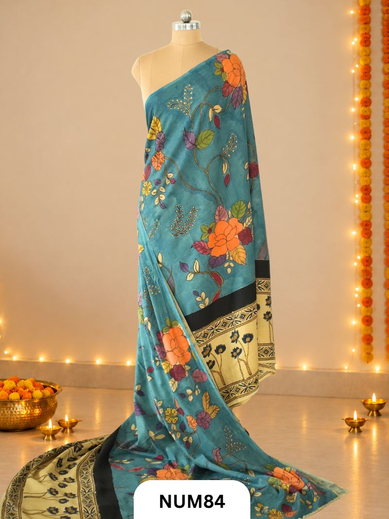 Exclusive Pure Penkalamkari Floral Saree - MODAL SILK