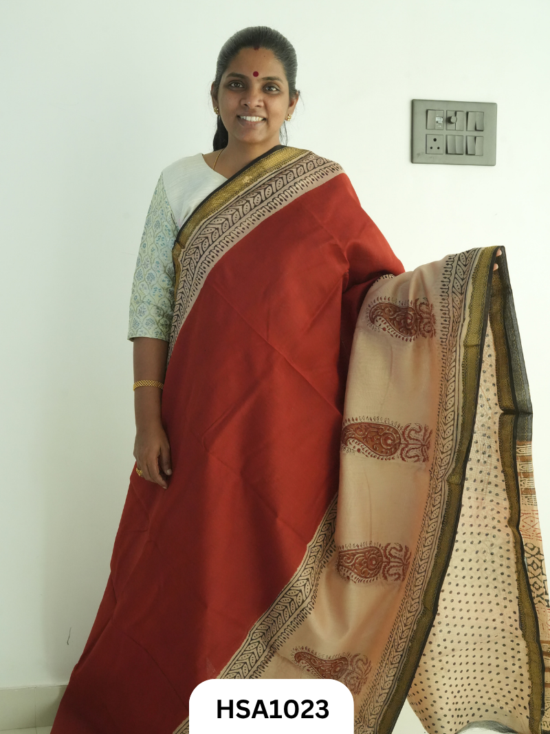 Pure Maheswari Silk Cotton - Handblock Print Saree With Blouse