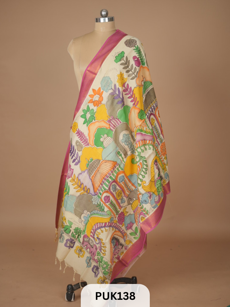 PURE PENKALAMKARI DUPPATTA - CHENNURI SILK
