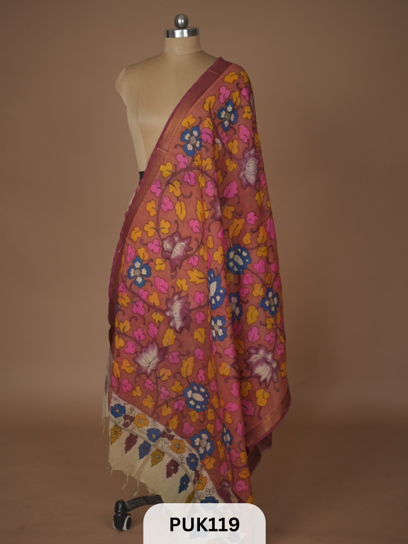 PURE PENKALAMKARI DUPPATTA - CHENNURI SILK