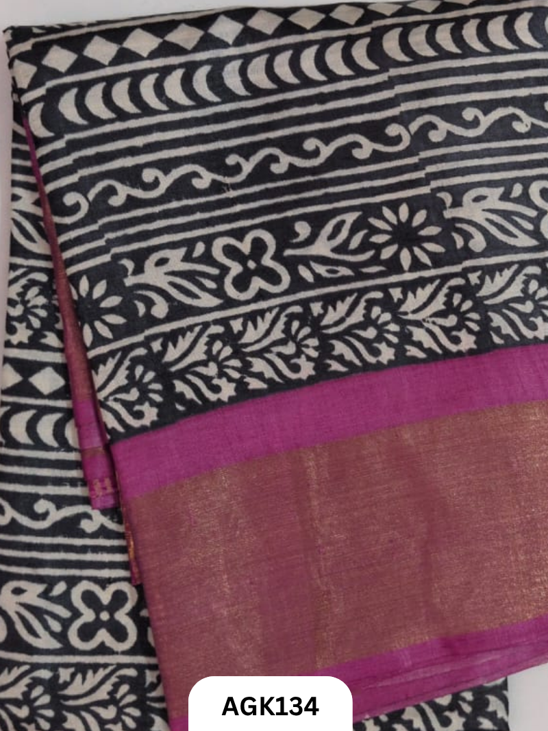 PREMIUM QUALITY ZARI BORDER TUSSAR HAND BLOCK PRINTING WORK WITH BLOUSE PIECE SILK MARK CERTIFIED