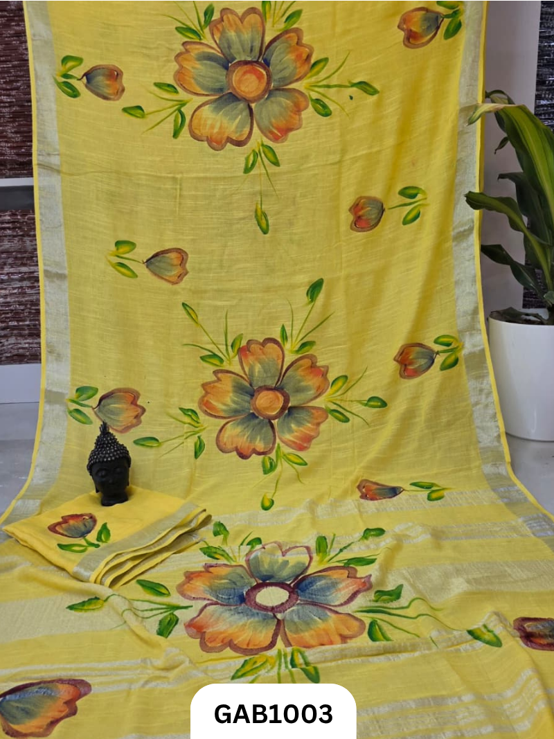 Bagru Handblock Print Linen Saree With Attached Blouse