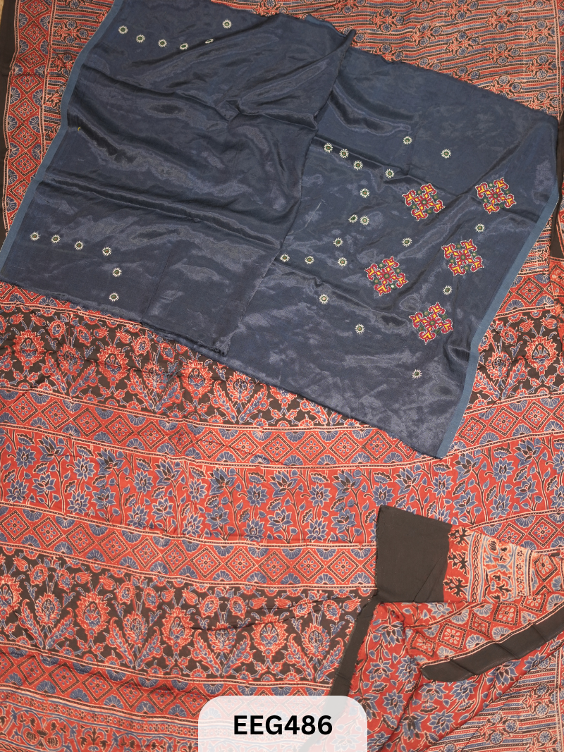 AJRAKH MODAL SAREE WITH KUTCHI HANDWORK BLOUSE PIECE EXTRA