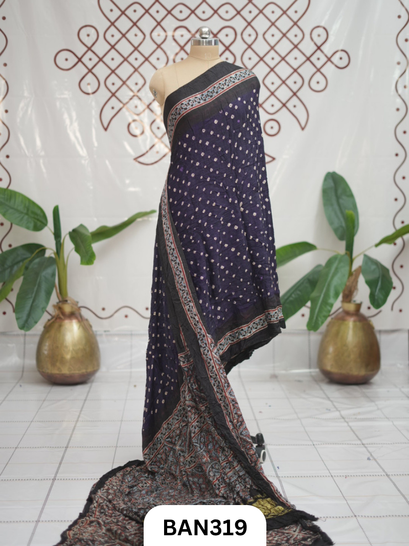 Modal Ajrakh With Bandhini Ladgi Patta Saree