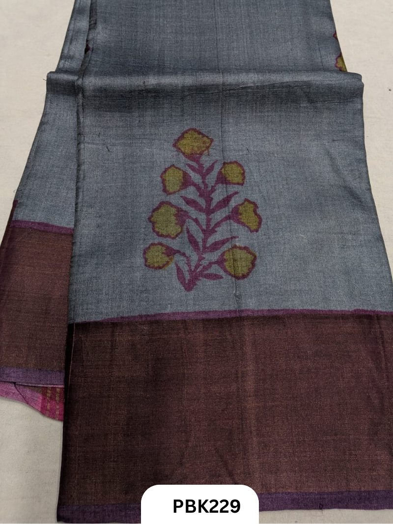 Premium Pure Tussar Silk Handblock Print Saree – Kolkata Special