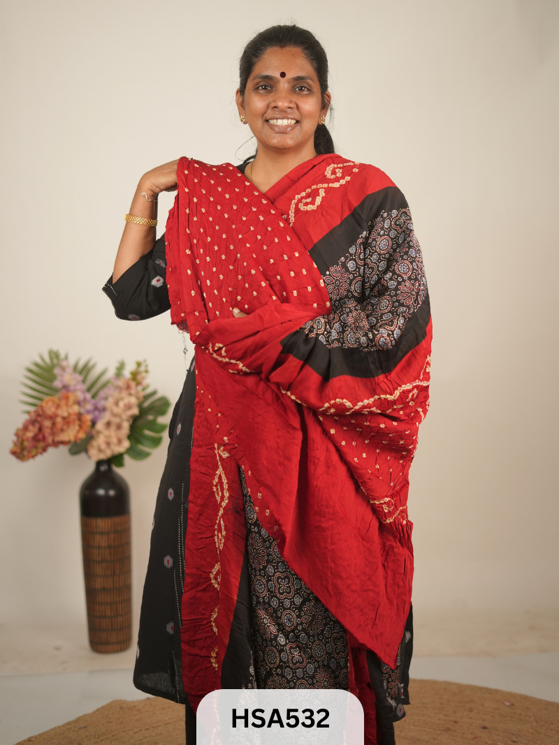 MODAL AJRAKH WITH BANDHINI SAREE