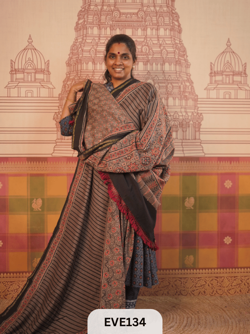 PURE CHANDERI SILK AJRAKH HANDBLOCK SAREE
