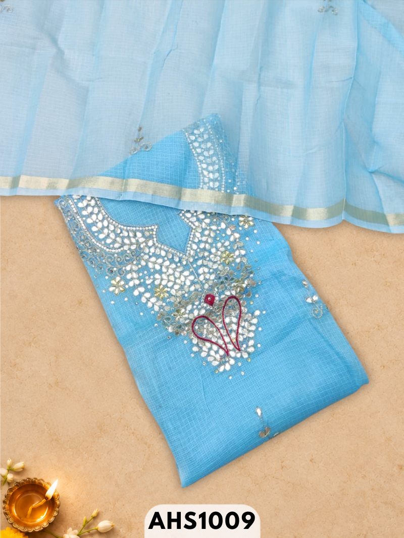 Kota Doria Pitta Work Salwar Suit - Top & Dupatta 2.5mtr