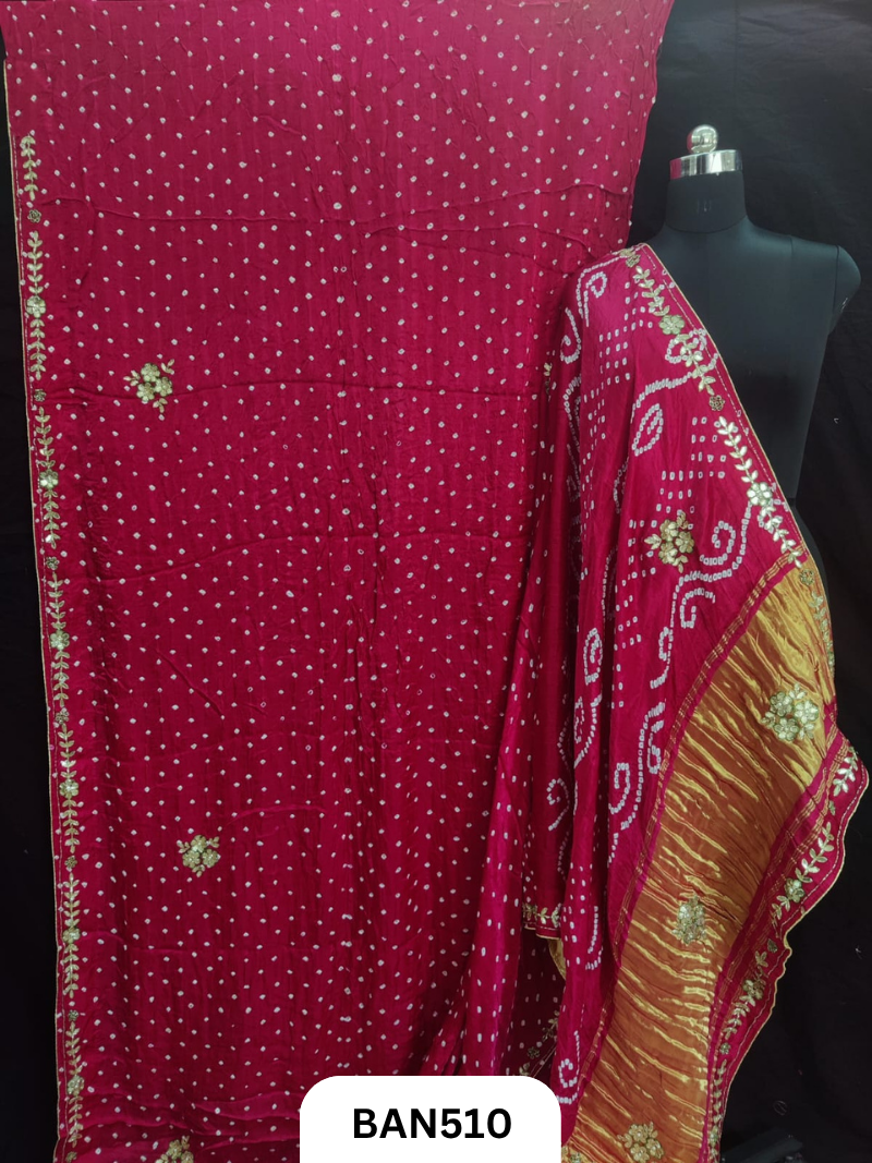 Semi gaji silk tissue pallu dani bandhej saree with khatli handwork