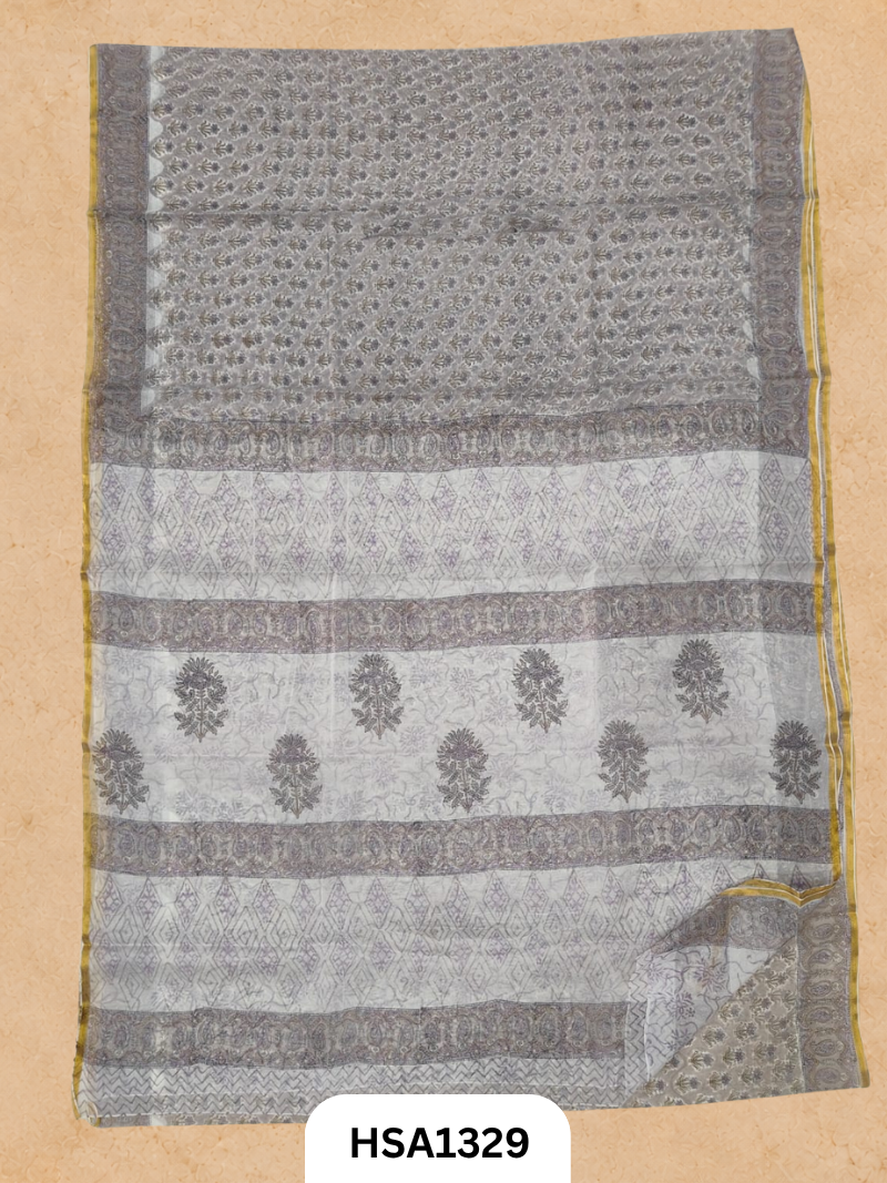 Chiffon Zari Border Saree - Hand Brush Painted