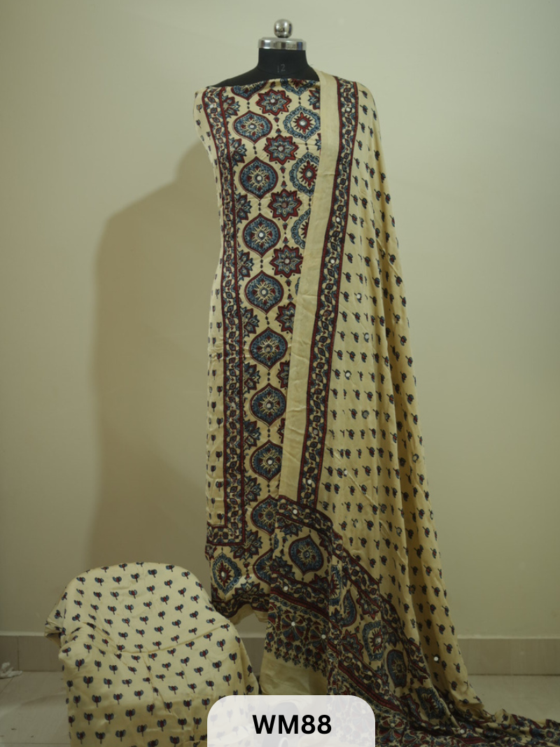 MODAL AJRAKH WITH GLUED MIRROR SALWAR SUIT - 3PCS