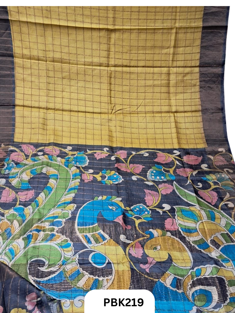 Pure Tussar Silk Saree with Checked design Plain Body with Kalamkari Design in Pallu