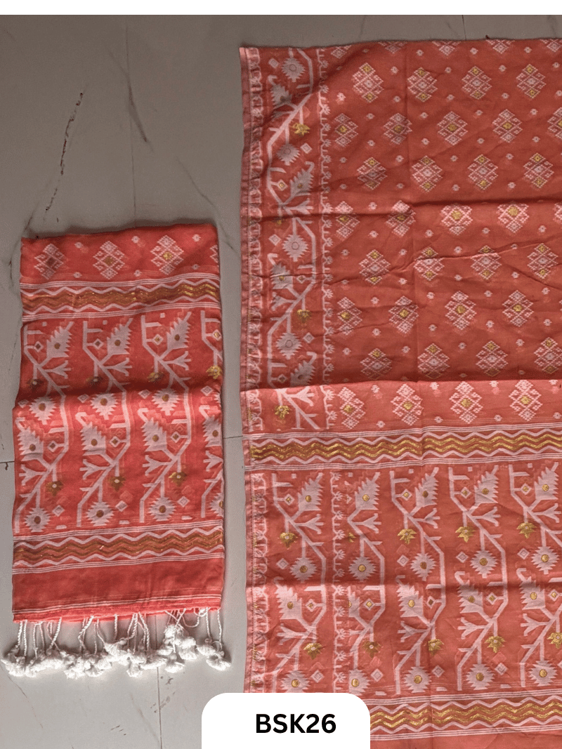 Cotton Jamdani Zari Weave Top Material - 2.5 Duppata - 2.5 Machine Weave Hand Cutting
