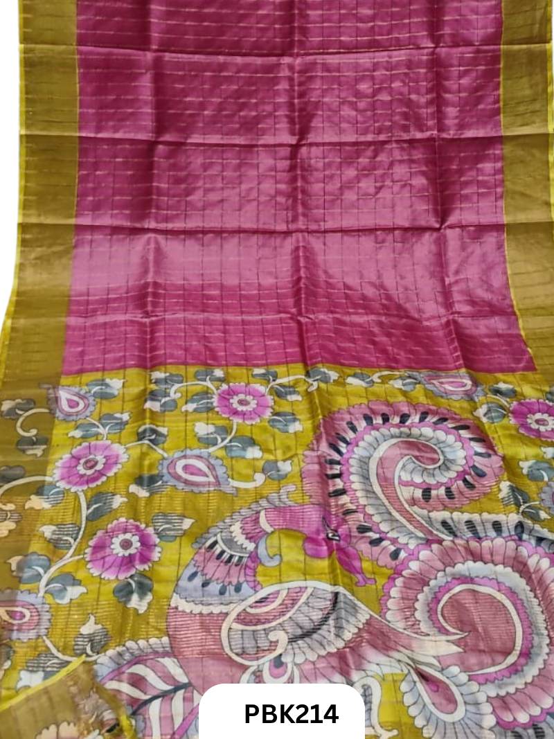 Pure Tussar Silk Saree with Checked design Plain Body with Kalamkari Design in Pallu