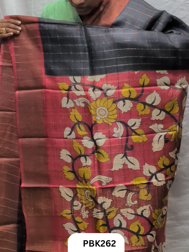 Pure Tussar Silk Saree with Checked design Plain Body with Kalamkari Design in Pallu