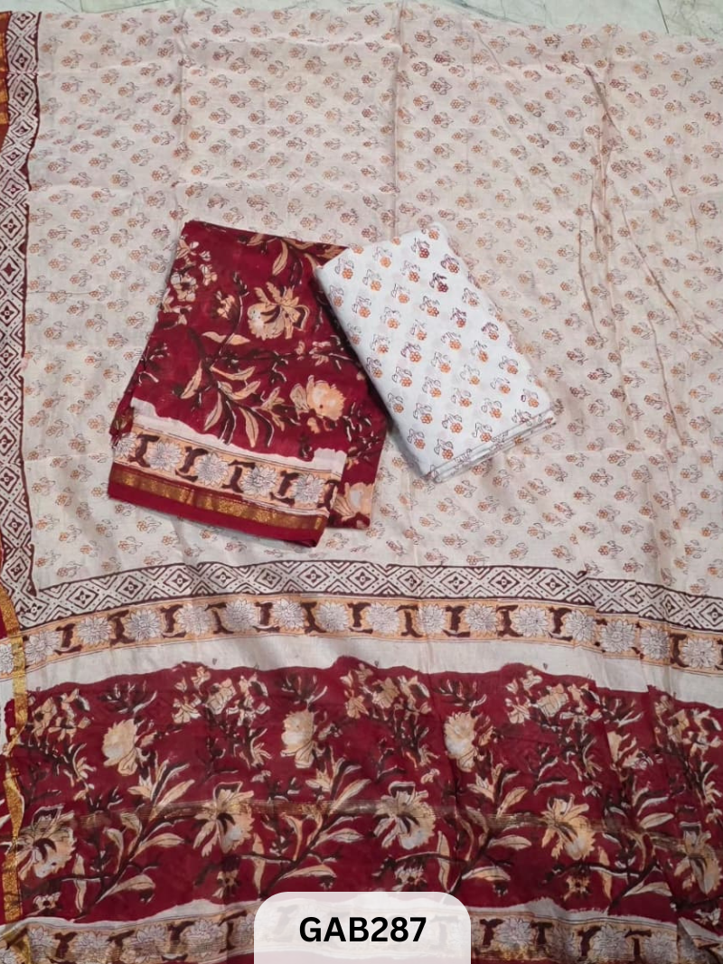 NEW HAND BLOCK CHANDERI SILK | 3 PCS SUIT