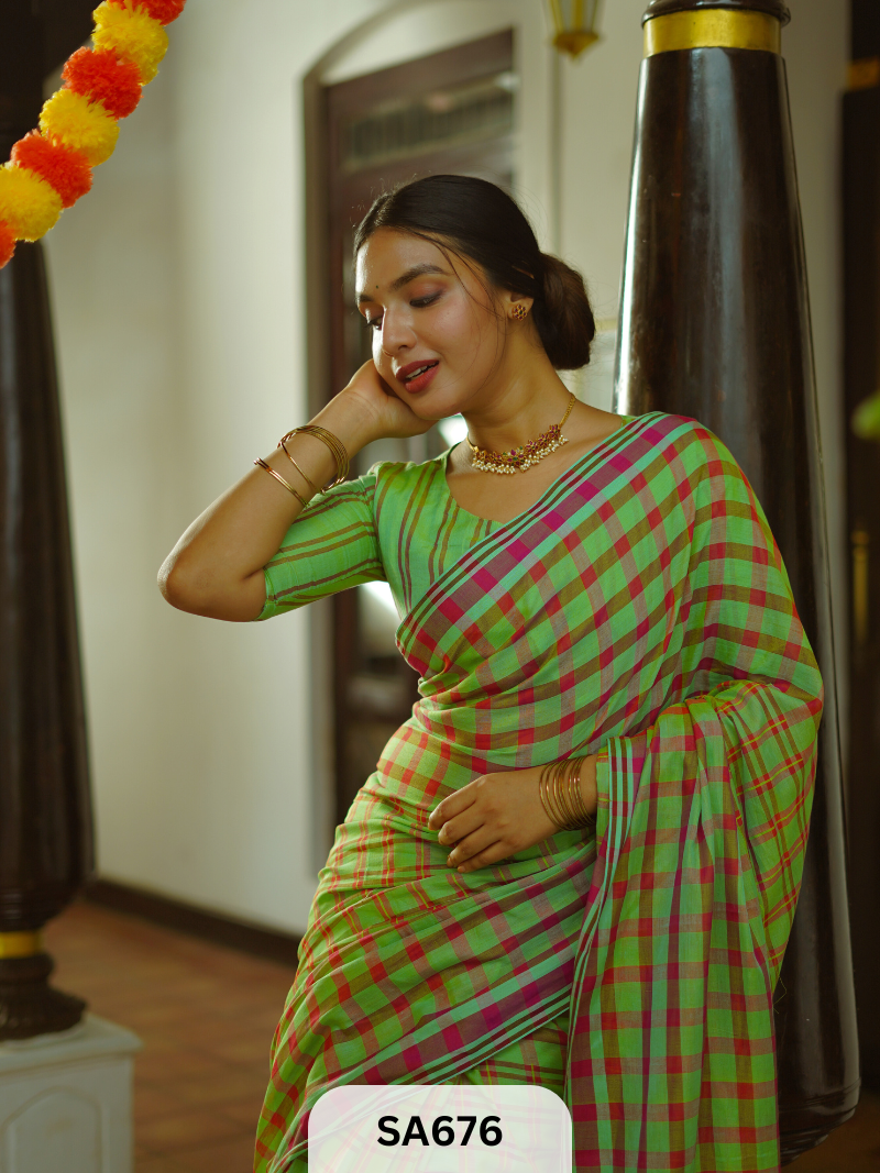 Authentic Handloom Saree |Green checkered saree