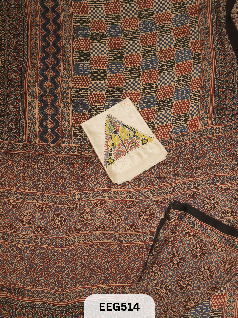 AJRAKH MODAL SAREE WITH KUTCHI HANDWORK BLOUSE PIECE EXTRA