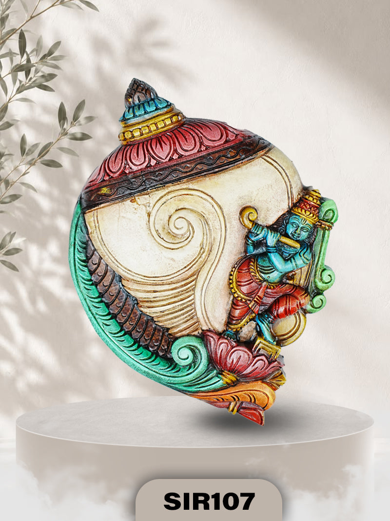 Premium Handcrafted Krishna Shankh Wooden Wall Hanging Jodhpur Hand-Painted Wall Decor | W:11.5 H:16